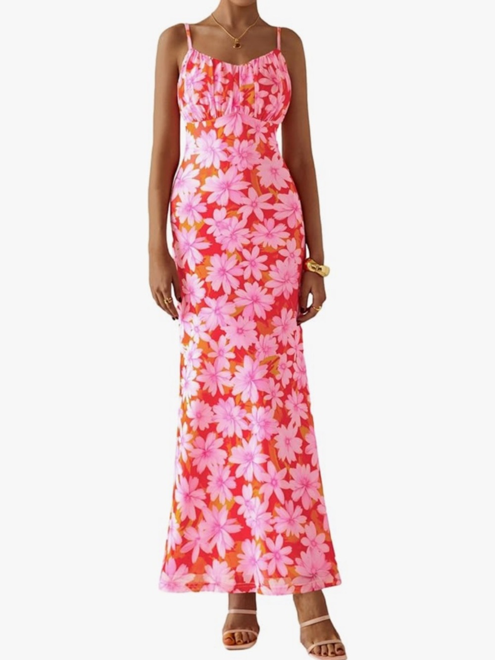 Chic Nation Pink Floral Maxi Dress with Spaghetti Straps
